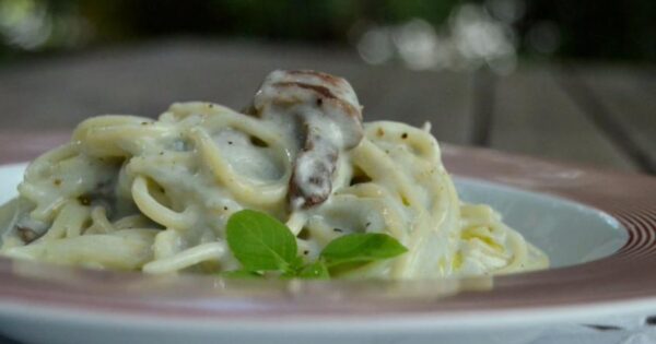 Spaghetti ao molho gorgonzola com filé mignon